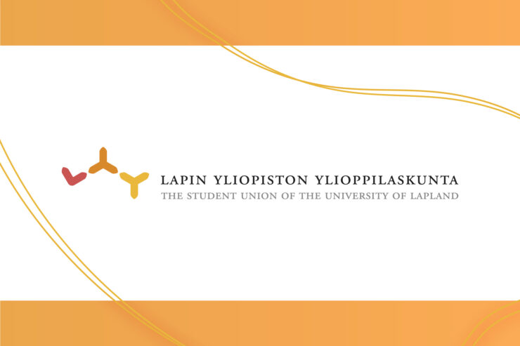 Lapin yliopiston ylioppilaskunnan logo. Teksti valkoisella pohjalla, jossa on kuvioita.